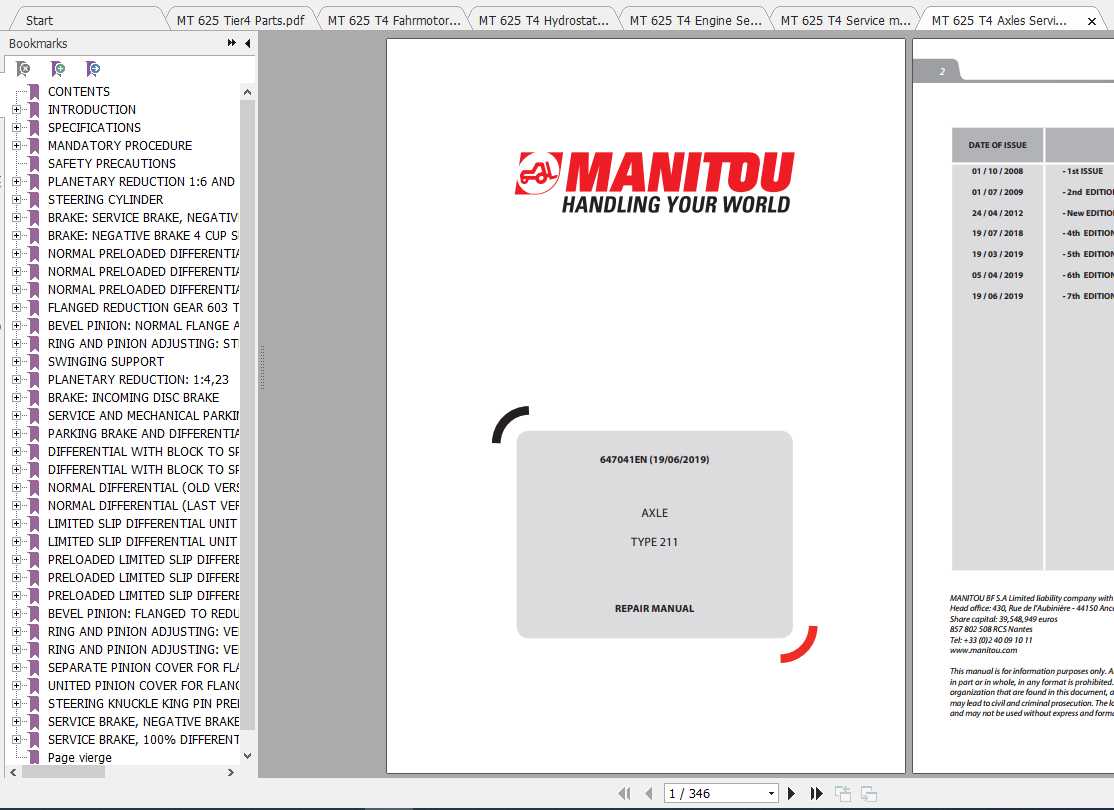 Manitou Telescopic Loader MT 625 Parts Manual 1